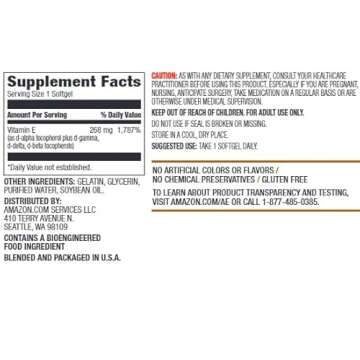 Amazon Elements Vitamin E 400 IU - 100 Easy to Swallow Softgels