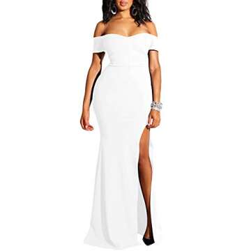 YMDUCH Women's Off Shoulder High Split Long Formal Party Dress Evening Gown White