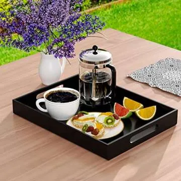 NIUBEE Acrylic Serving Tray 12x16 Inches -Spill Proof- Decorative Tray Organiser for Ottoman Coffee Table Countertop with Handles - Black