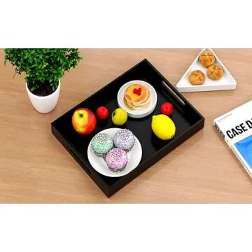 NIUBEE Acrylic Serving Tray 12x16 Inches -Spill Proof- Decorative Tray Organiser for Ottoman Coffee Table Countertop with Handles - Black