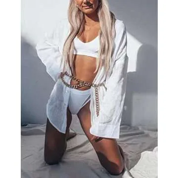 Zicozy Beach Coverup for Women, Swimsuit Coverup Long Sleeve, Linen Bikini Cover Up Shirt, Bathing Suit Cover Ups for Pool White