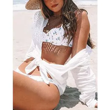 Zicozy Beach Coverup for Women, Swimsuit Coverup Long Sleeve, Linen Bikini Cover Up Shirt, Bathing Suit Cover Ups for Pool White