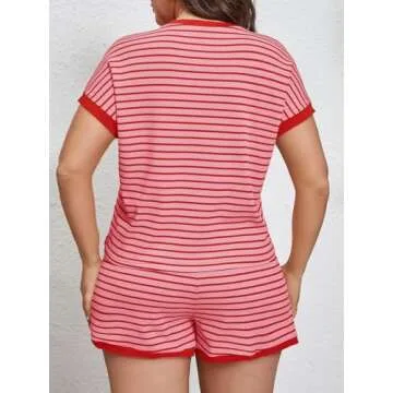 Beautife Womens Plus Size Lounge Set 2 Piece Outfits Stripe Short Sleeve Shirts Tops Shorts Summer C...