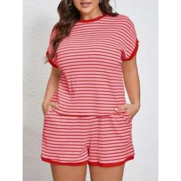 Beautife Womens Plus Size Lounge Set 2 Piece Outfits Stripe Short Sleeve Shirts Tops Shorts Summer Casual Loungewear Red