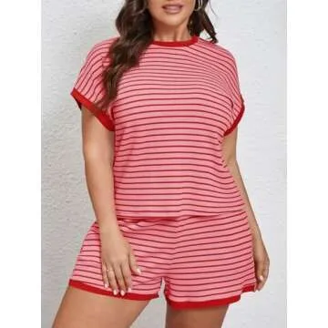 Beautife Womens Plus Size Lounge Set 2 Piece Outfits Stripe Short Sleeve Shirts Tops Shorts Summer Casual Loungewear Red