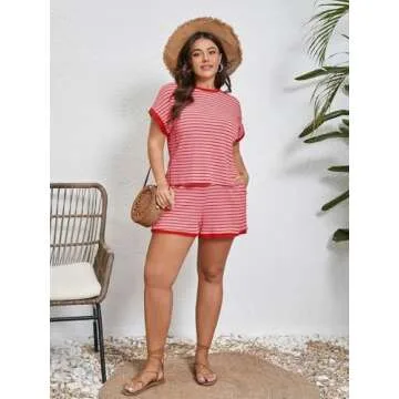 Beautife Womens Plus Size Lounge Set 2 Piece Outfits Stripe Short Sleeve Shirts Tops Shorts Summer Casual Loungewear Red