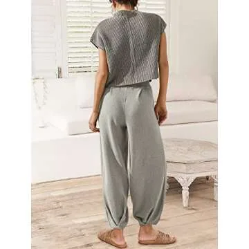 Caracilia Womens Two Piece Outfits Knit Sweater Sets Matching Lounge Set Sweatsuit Tracksuit Summer Trendy Clothes Deep Grey S