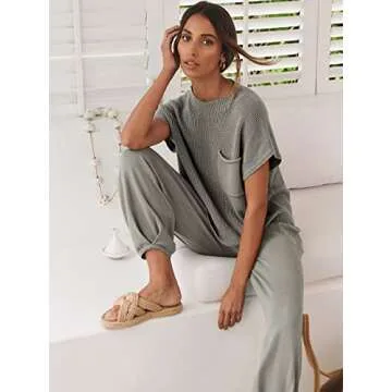 Caracilia Womens Two Piece Outfits Knit Sweater Sets Matching Lounge Set Sweatsuit Tracksuit Summer Trendy Clothes Deep Grey S