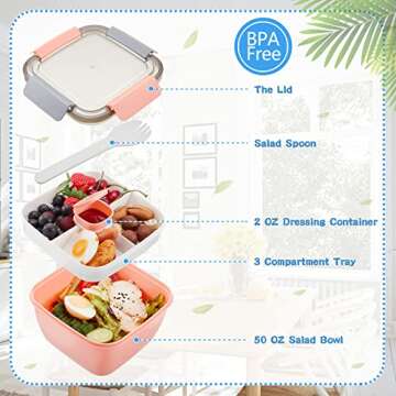 Tessco 6 Pcs Salad Container for Lunch 50 oz Salad Lunch Container with 3 Compartment Reusable Salad Bento Box for Adult with Dressing Container Stackable Lunch Container for Meal Snack Fruit