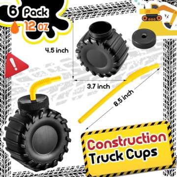 Amyhill 6 Pieces 12 oz Construction Truck Cups Set Truck Construction Cups with Orange Straw Birthda...