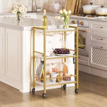 HOOBRO Bar Cart Gold, Home Bar Serving Cart, Rolling Beverage Cart with 6 Hooks, Wine Holders, Glass...