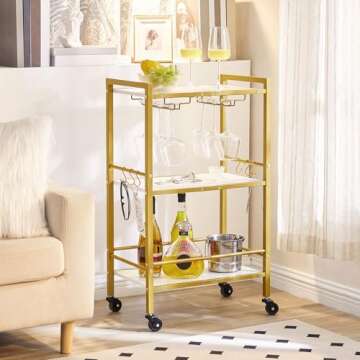HOOBRO Bar Cart Gold, Home Bar Serving Cart, Rolling Beverage Cart with 6 Hooks, Wine Holders, Glass Holders, for Kitchen, Dining Room, White and Gold DW50TC01