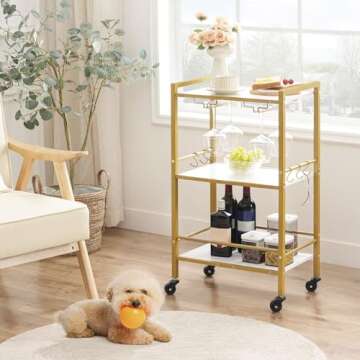 HOOBRO Bar Cart Gold, Home Bar Serving Cart, Rolling Beverage Cart with 6 Hooks, Wine Holders, Glass Holders, for Kitchen, Dining Room, White and Gold DW50TC01
