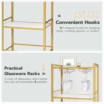 HOOBRO Bar Cart Gold, Home Bar Serving Cart, Rolling Beverage Cart with 6 Hooks, Wine Holders, Glass Holders, for Kitchen, Dining Room, White and Gold DW50TC01