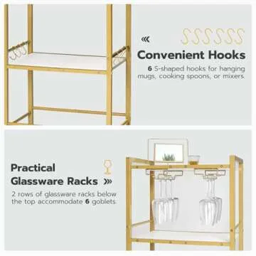 HOOBRO Bar Cart Gold, Home Bar Serving Cart, Rolling Beverage Cart with 6 Hooks, Wine Holders, Glass Holders, for Kitchen, Dining Room, White and Gold DW50TC01