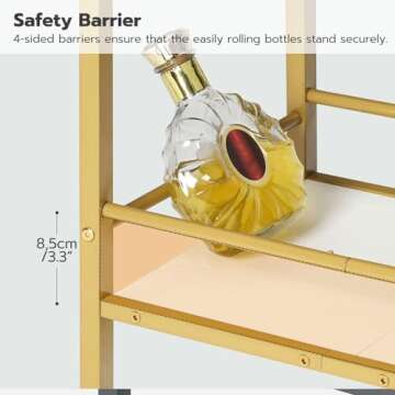 HOOBRO Bar Cart Gold, Home Bar Serving Cart, Rolling Beverage Cart with 6 Hooks, Wine Holders, Glass Holders, for Kitchen, Dining Room, White and Gold DW50TC01