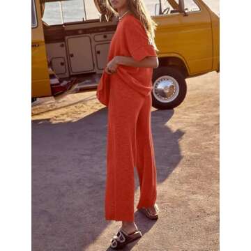 Tankaneo Women's 2 Piece Travel Outfits Casual Short Sleeve Knit Sweater Set Wide Leg Pants Lounge S...