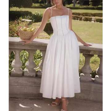 WDZIZFG Women's French Solid Color/Flower Halter Sexy Split Breasted Tight Dresses(White,Large)