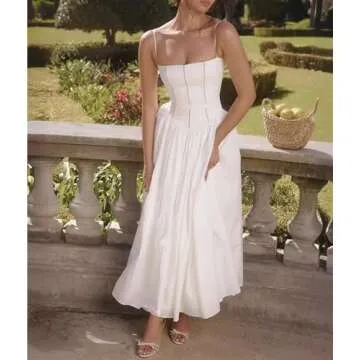 WDZIZFG Women's French Solid Color/Flower Halter Sexy Split Breasted Tight Dresses(White,Large)