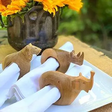 Hand-Carved Mahogany Wood Napkin Rings - Unique Set of Six