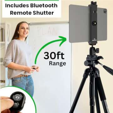 KobraTech TabMount 360 iPad Tripod Mount Holder, Fits iPad Pro 12.9, Air, Mini, Tab and More | Includes Swivel Ball Head and Bluetooth Remote iPad Holder for Tripod