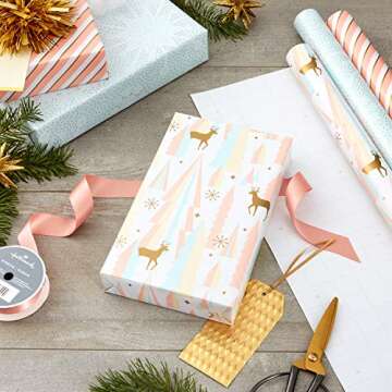 Hallmark Pink Christmas Wrapping Paper with Cut Lines on Reverse (3 Rolls: 120 sq. ft. ttl) Pink, Mint, Gold, Reindeer, Christmas Trees, Snowflakes