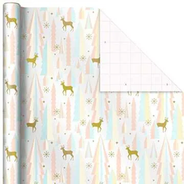 Hallmark Pink Christmas Wrapping Paper with Cut Lines on Reverse (3 Rolls: 120 sq. ft. ttl) Pink, Mint, Gold, Reindeer, Christmas Trees, Snowflakes