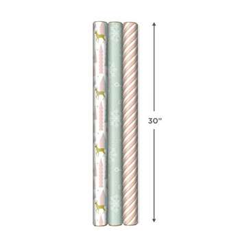 Hallmark Pink Christmas Wrapping Paper with Cut Lines on Reverse (3 Rolls: 120 sq. ft. ttl) Pink, Mint, Gold, Reindeer, Christmas Trees, Snowflakes