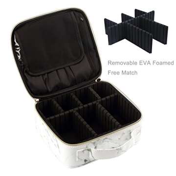 HOYOFO Travel Makeup Case with Adjustable Dividers Marble Makeup Cosmetic Case Organizer for Women Small Makeup Train Case Artist Storage Bag with Brush Holder,White