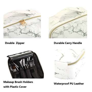 HOYOFO Travel Makeup Case with Adjustable Dividers Marble Makeup Cosmetic Case Organizer for Women Small Makeup Train Case Artist Storage Bag with Brush Holder,White