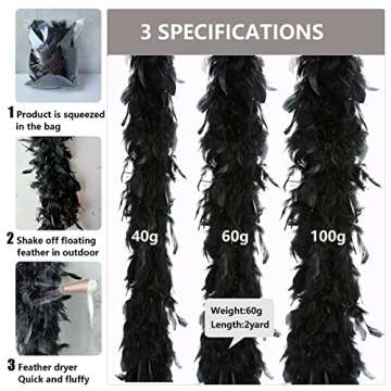 THARAHT Black Chandelle Turkey Feather Boa 2 Yards 60g for DIY Craft Home Dancing Wedding Party Halloween Costume Decoration Feather Boa
