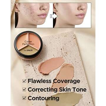 THE SAEM Cover Perfection Triple Pot Concealer - 3 Color Concealer with Clear Beige, Green & Peach Shades - Full Coverage Concealer to Correct & Conceal Redness, Dark Circles, 01 Correct Beige