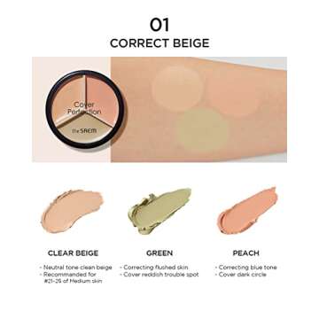 THE SAEM Cover Perfection Triple Pot Concealer - 3 Color Concealer with Clear Beige, Green & Peach Shades - Full Coverage Concealer to Correct & Conceal Redness, Dark Circles, 01 Correct Beige
