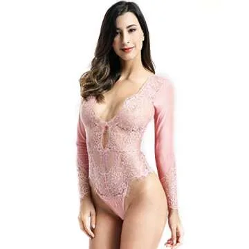 Women Sexy Long Sleeve Lace Deep V Bodysuit Pink