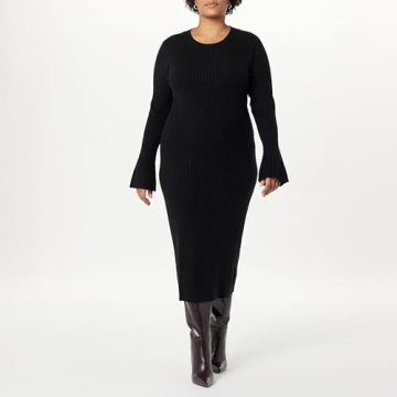 The Drop Women's Fernanda Bell Sleeve Ribbed Sweater Dress Black, 2X, Plus Size