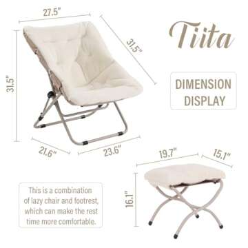 Tiita Folded Chair with Ottoman, Soft Faux Fur Oversized Folding Accent Chair,Lounge Lazy Chair, Metal Frame Moon Chair for Bedroom, Living Room, Dorm Rooms, Garden and Courtyard