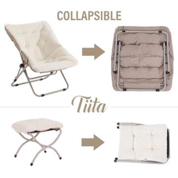 Tiita Folded Chair with Ottoman, Soft Faux Fur Oversized Folding Accent Chair,Lounge Lazy Chair, Metal Frame Moon Chair for Bedroom, Living Room, Dorm Rooms, Garden and Courtyard
