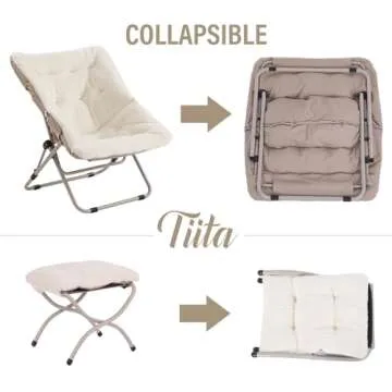 Tiita Folded Chair with Ottoman, Soft Faux Fur Oversized Folding Accent Chair,Lounge Lazy Chair, Metal Frame Moon Chair for Bedroom, Living Room, Dorm Rooms, Garden and Courtyard