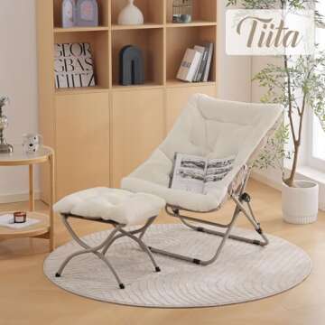 Tiita Folded Chair with Ottoman, Soft Faux Fur Oversized Folding Accent Chair,Lounge Lazy Chair, Metal Frame Moon Chair for Bedroom, Living Room, Dorm Rooms, Garden and Courtyard