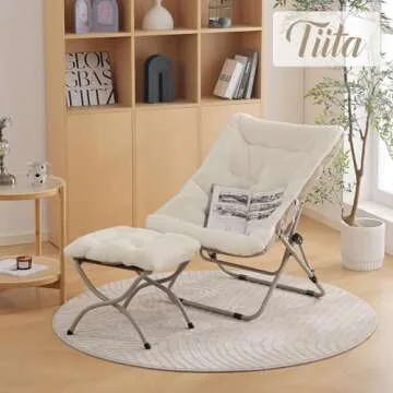 Tiita Folded Chair with Ottoman, Soft Faux Fur Oversized Folding Accent Chair,Lounge Lazy Chair, Metal Frame Moon Chair for Bedroom, Living Room, Dorm Rooms, Garden and Courtyard