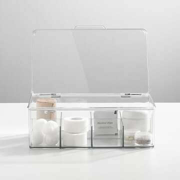 mDesign Plastic First Aid Kit Storage Box with Clear Top Lid for Bathroom, Kitchen, Cabinet, Closet, Drawer - Organizes Medicine, Ointments, Adhesive Bandages, Dental, 8 Divided Sections - Clear