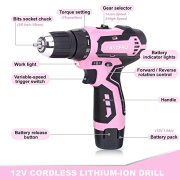 FASTPRO 175-Piece 12V Pink Drill Set for DIY and Home Repair