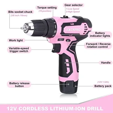 FASTPRO 175-Piece 12V Pink Drill Set for DIY and Home Repair