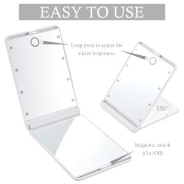 Feruaro Travel Mirror, Portable LED Lighted Makeup Mirror with 8 Dimmable Led Lights, Touch Switch Travel Makeup Mirror, Folding Compact Mirror 1X & 2X Magnification (White)