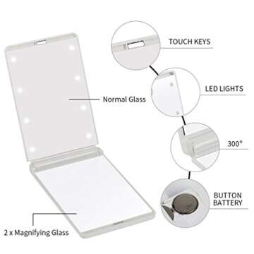 Feruaro Travel Mirror, Portable LED Lighted Makeup Mirror with 8 Dimmable Led Lights, Touch Switch Travel Makeup Mirror, Folding Compact Mirror 1X & 2X Magnification (White)