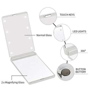 Feruaro Travel Mirror, Portable LED Lighted Makeup Mirror with 8 Dimmable Led Lights, Touch Switch Travel Makeup Mirror, Folding Compact Mirror 1X & 2X Magnification (White)