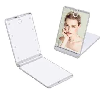 Feruaro Travel Mirror, Portable LED Lighted Makeup Mirror with 8 Dimmable Led Lights, Touch Switch Travel Makeup Mirror, Folding Compact Mirror 1X & 2X Magnification (White)