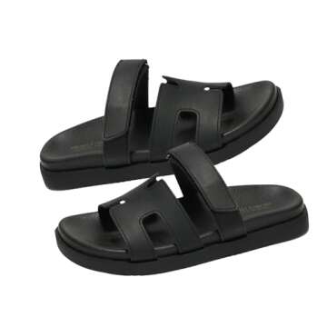 Project Cloud 100% Genuine Leather Womens Sandals - Memory Foam Slip on Sandals Women Footwear - Womens Fashion Platform Sandals Comfy Mules for Woman with Cut-Out Details Sandals (Mayven, Blk, 9)