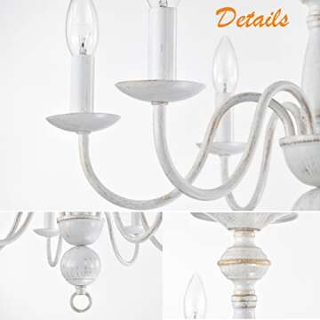 French Country Chandelier 6-Light Modern Farmhouse Chandelier for Dining Room Rustic Chandelier for Bedroom White Metal Chandelier Candle Style for Kitchen