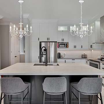 French Country Chandelier 6-Light Modern Farmhouse Chandelier for Dining Room Rustic Chandelier for Bedroom White Metal Chandelier Candle Style for Kitchen